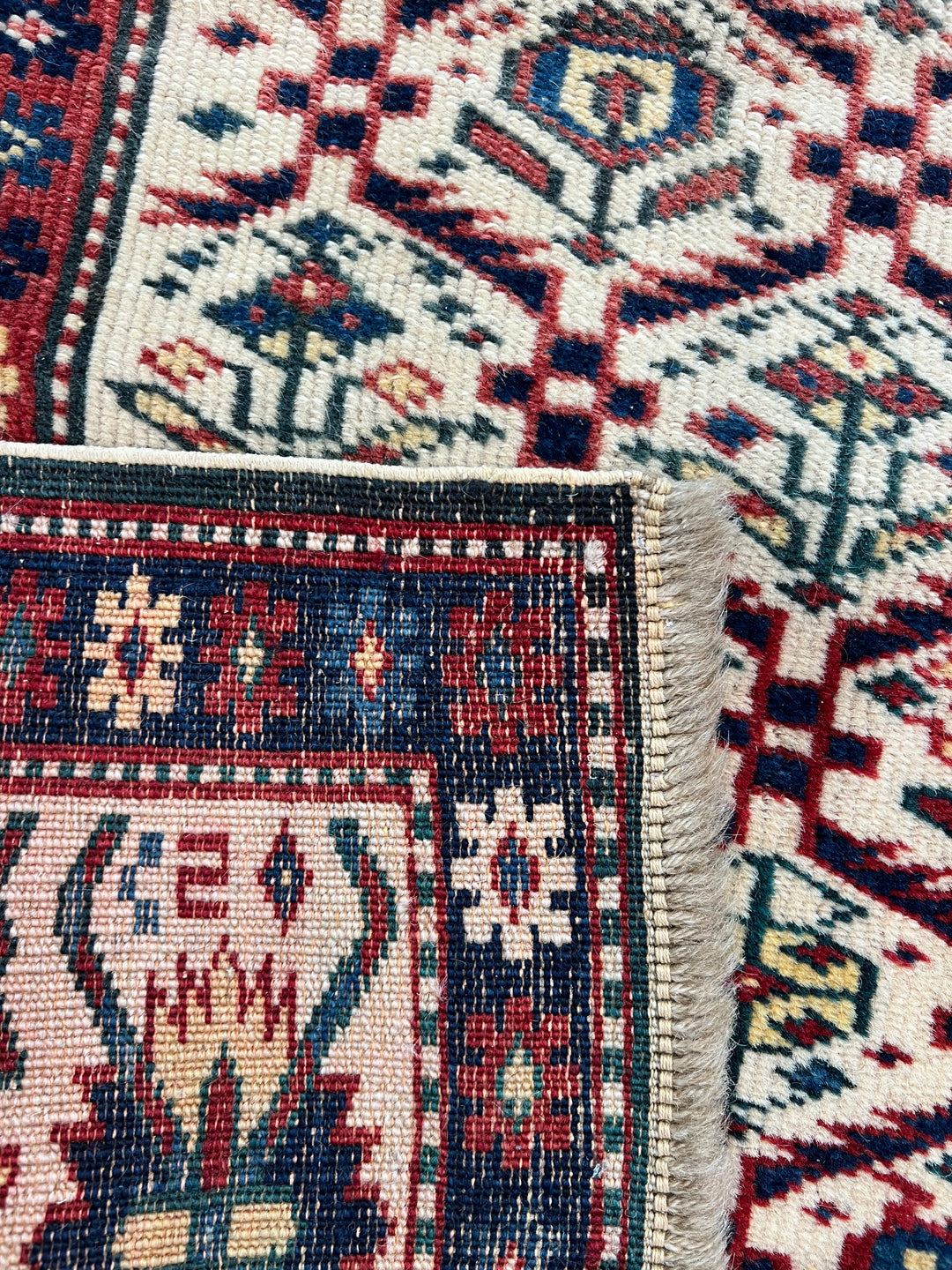 Ivory, Navy &amp; Red Russian Caucasian Style Rug – Circa 2000 – 4’6” x 6’1”