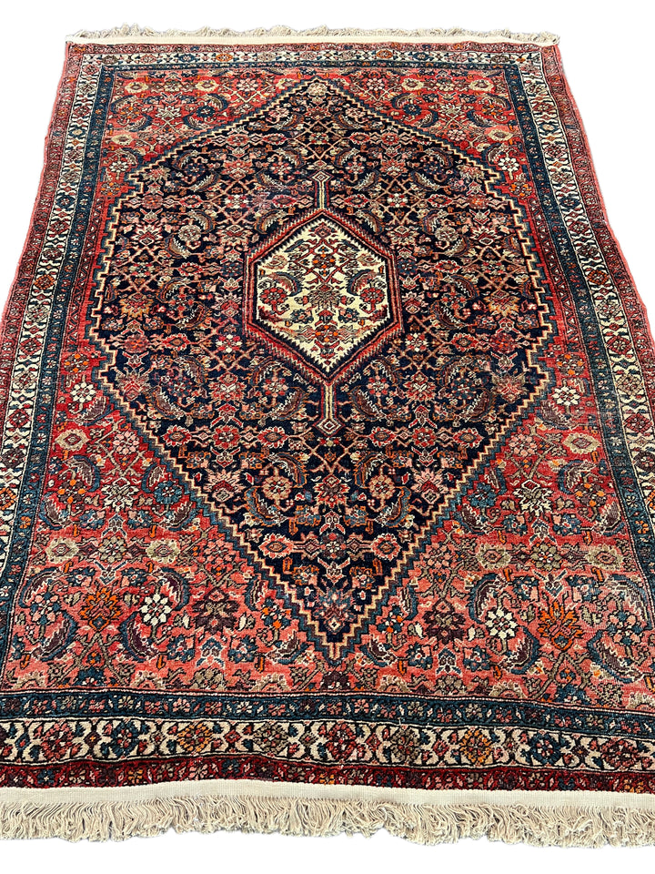 Navy, Red &amp; Ivory Antique Persian Bidjar Rug – Circa 1900 – 4’2” x 6’2”