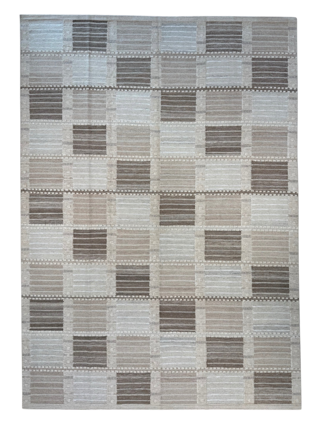 Taupe, Brown &amp; Ivory Geometric Checkered Wool Flatweave Rug – 10’0” x 13’10”