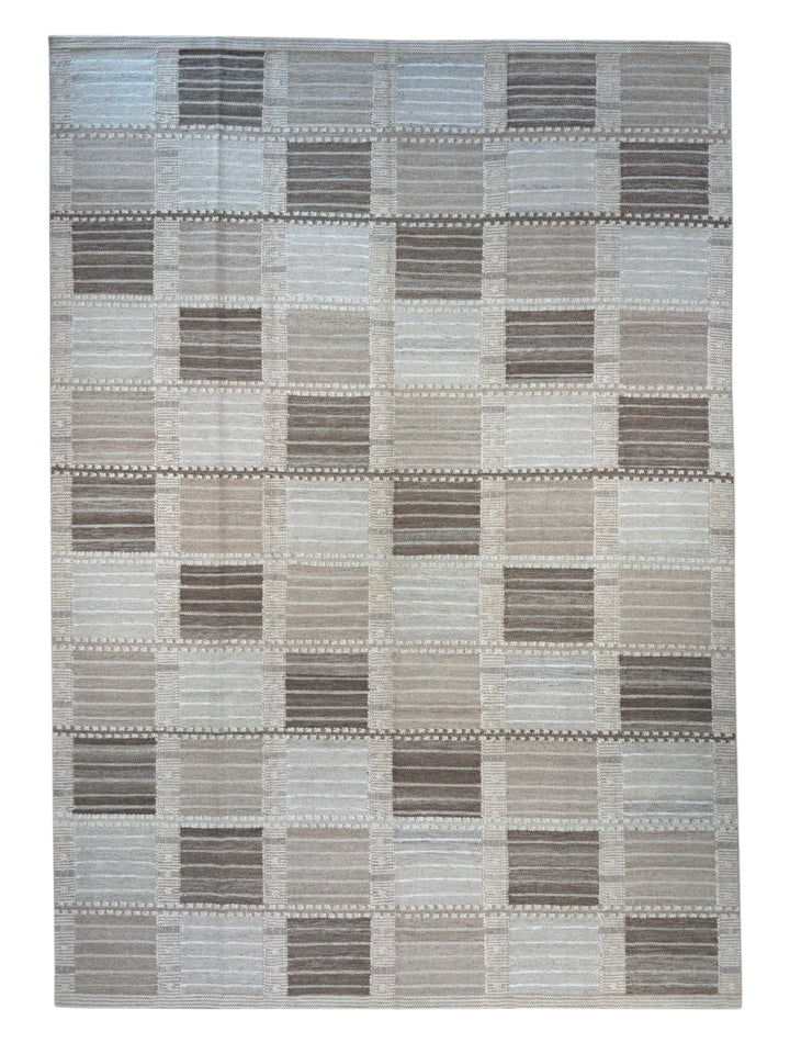 Taupe, Brown &amp; Ivory Geometric Checkered Wool Flatweave Rug – 10’0” x 13’10”
