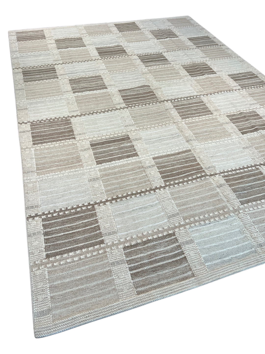 Taupe, Brown &amp; Ivory Geometric Checkered Wool Flatweave Rug – 10’0” x 13’10”