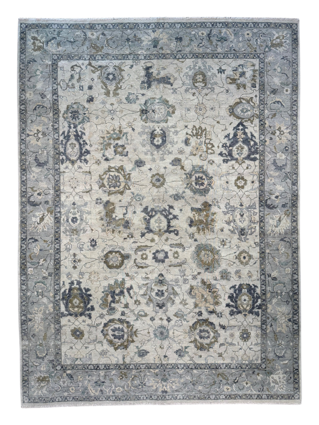 Ivory &amp; Soft Blue Antique-Inspired Floral Low Pile Rug – 9’11” x 13’8”
