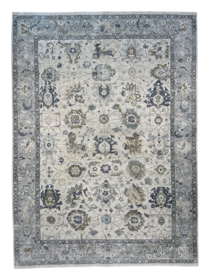 Ivory &amp; Soft Blue Antique-Inspired Floral Low Pile Rug – 9’11” x 13’8”