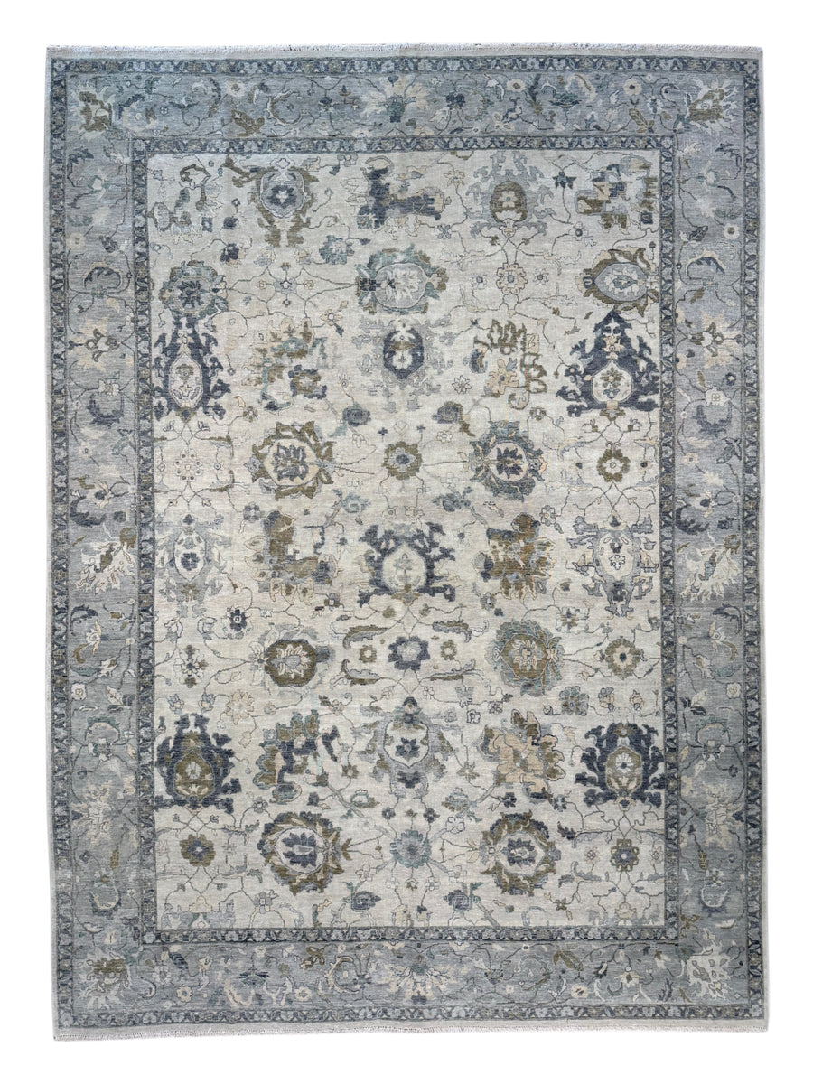 Ivory & Soft Blue Antique-Inspired Floral Low Pile Rug – 9’11” x 13’8”