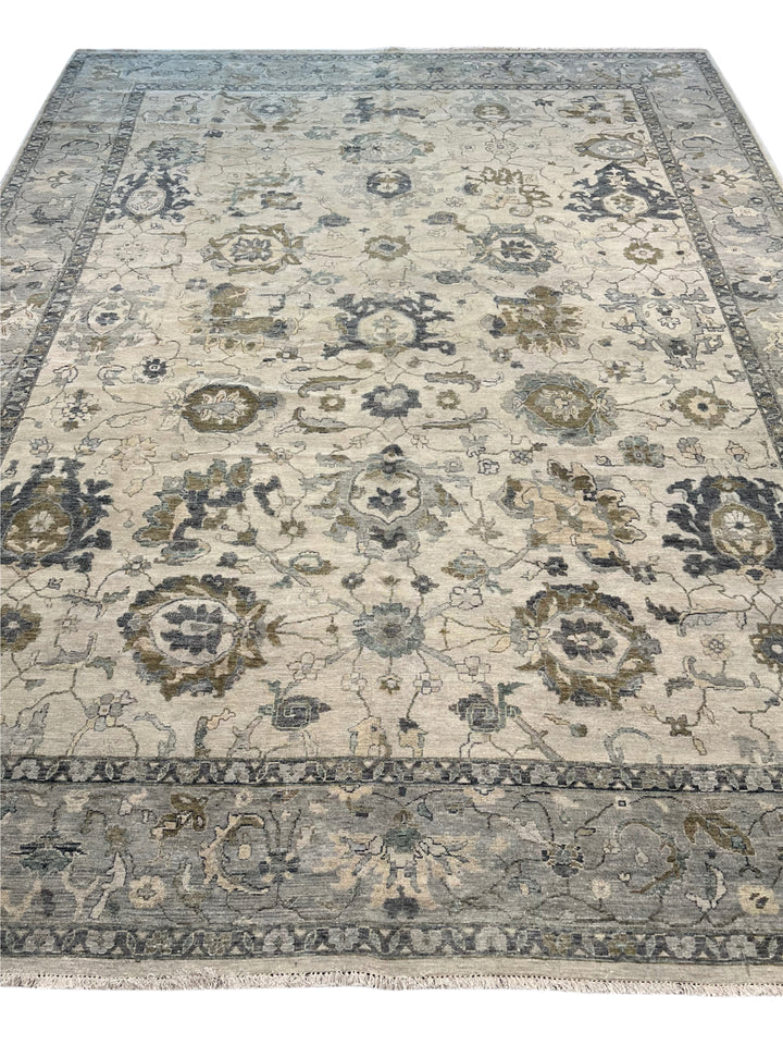Ivory &amp; Soft Blue Antique-Inspired Floral Low Pile Rug – 9’11” x 13’8”