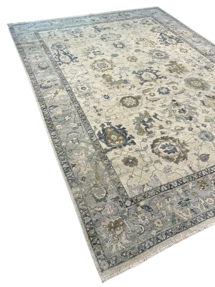 Ivory &amp; Soft Blue Antique-Inspired Floral Low Pile Rug – 9’11” x 13’8”