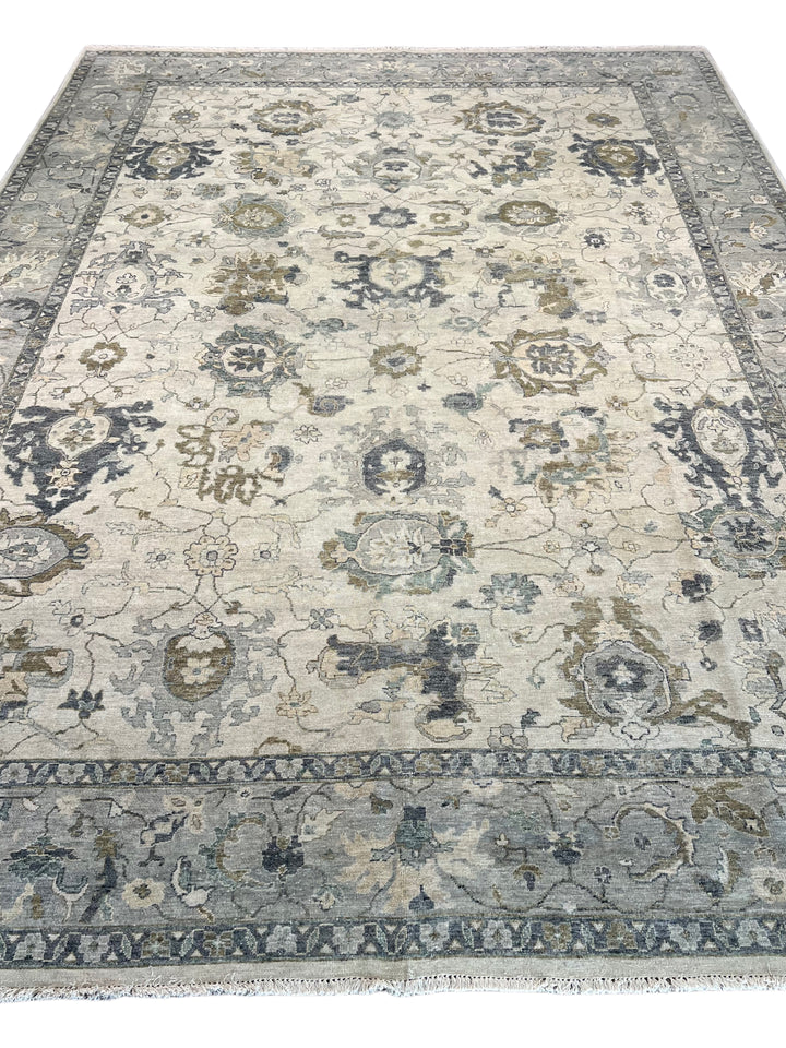 Ivory &amp; Soft Blue Antique-Inspired Floral Low Pile Rug – 9’11” x 13’8”