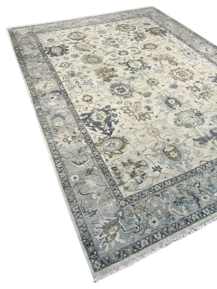 Ivory &amp; Soft Blue Antique-Inspired Floral Low Pile Rug – 9’11” x 13’8”