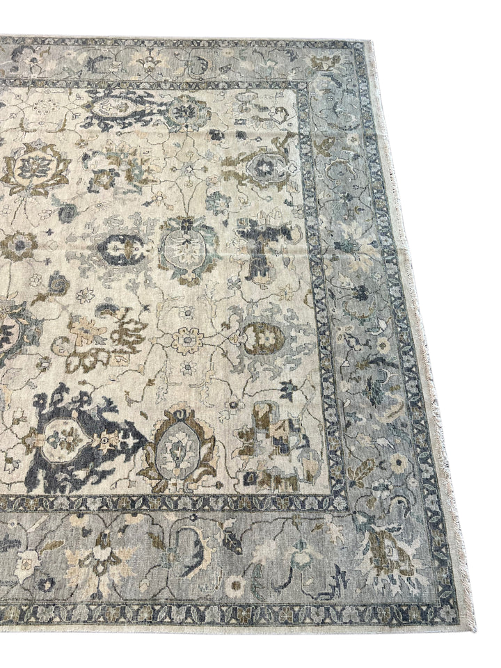 Ivory &amp; Soft Blue Antique-Inspired Floral Low Pile Rug – 9’11” x 13’8”