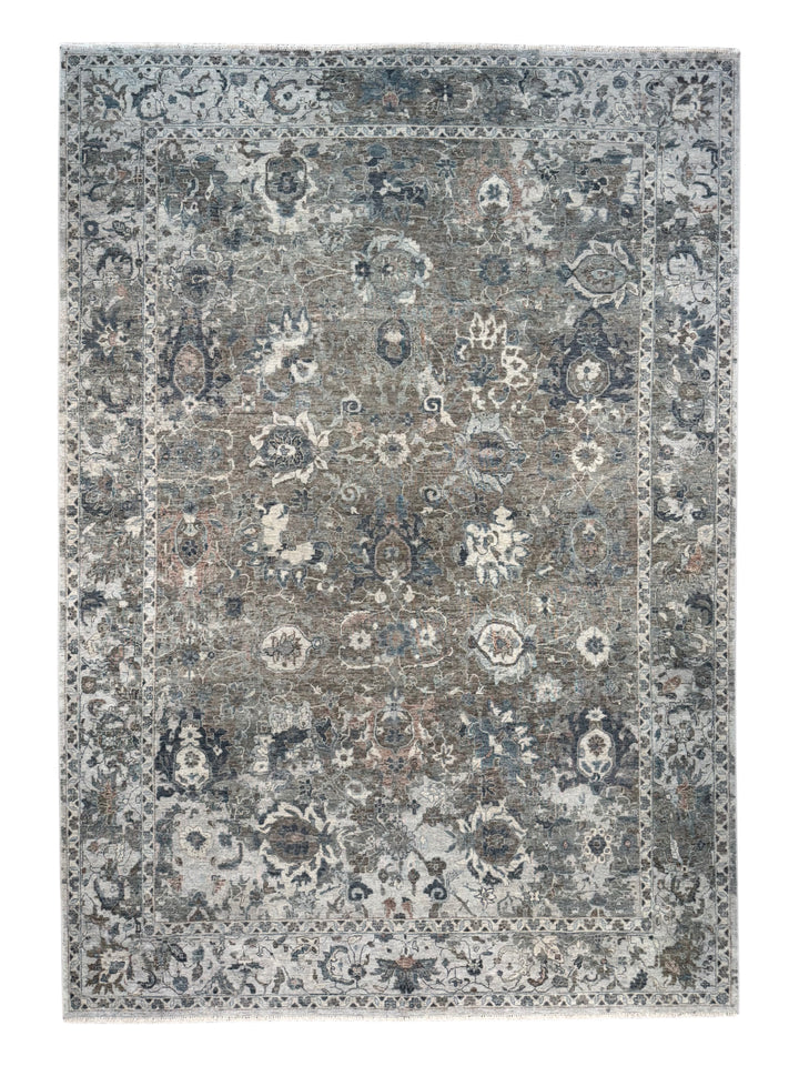 Taupe &amp; Blue Gray Antique-Inspired Floral Low Pile Rug – 9’3” x 13’3”