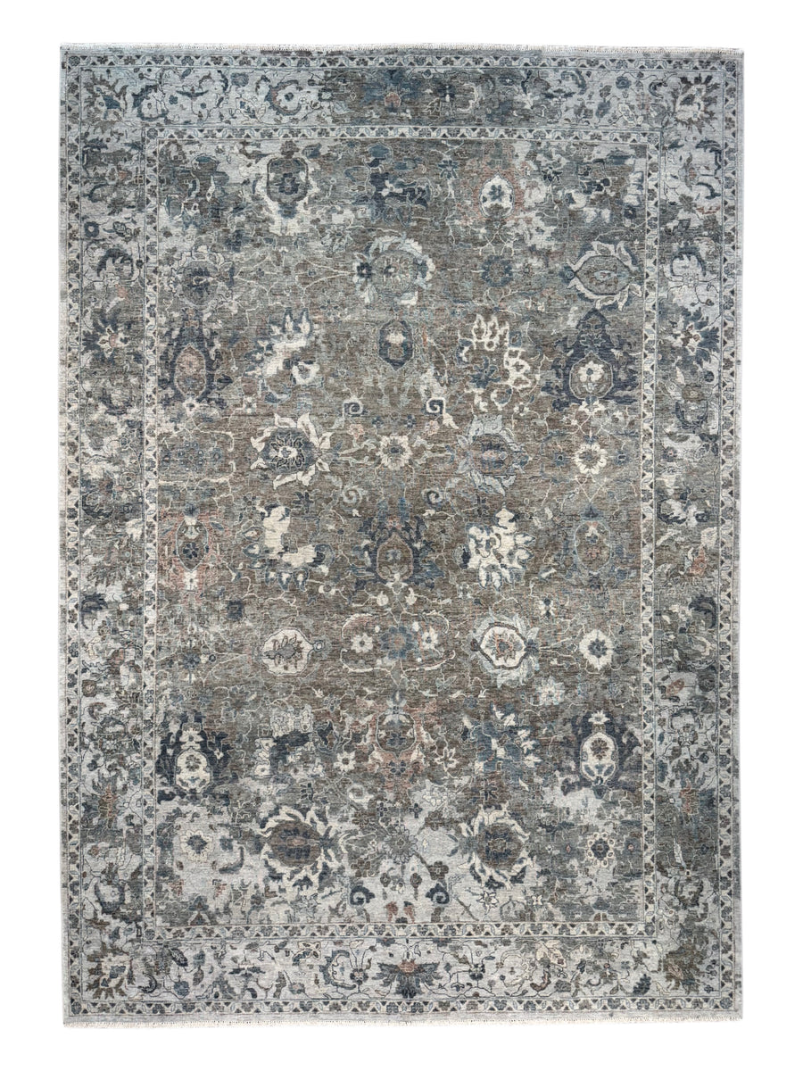 Taupe & Blue Gray Antique-Inspired Floral Low Pile Rug – 9’3” x 13’3”