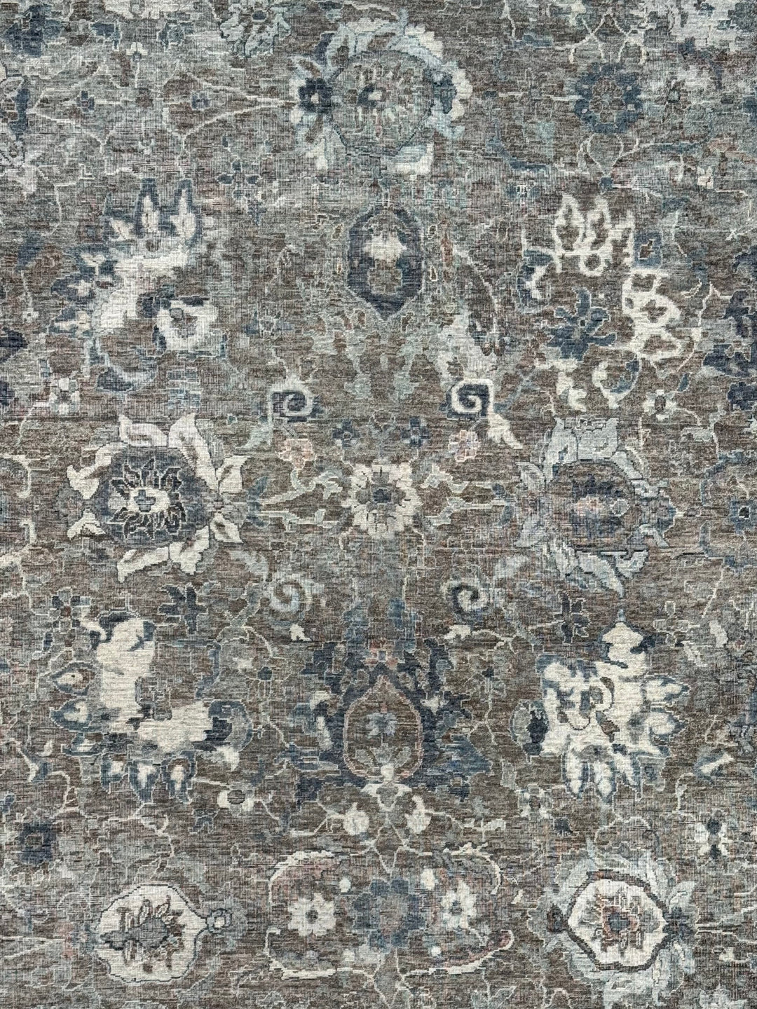 Taupe &amp; Blue Gray Antique-Inspired Floral Low Pile Rug – 9’3” x 13’3”