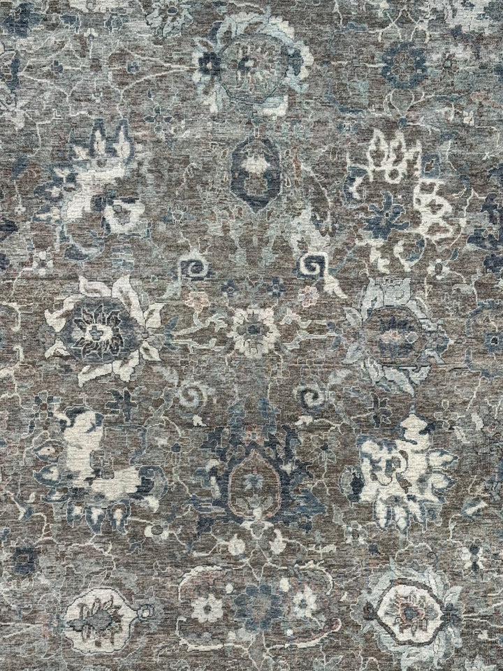 Taupe &amp; Blue Gray Antique-Inspired Floral Low Pile Rug – 9’3” x 13’3”