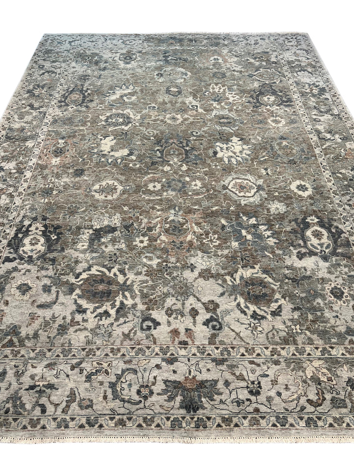 Taupe &amp; Blue Gray Antique-Inspired Floral Low Pile Rug – 9’3” x 13’3”