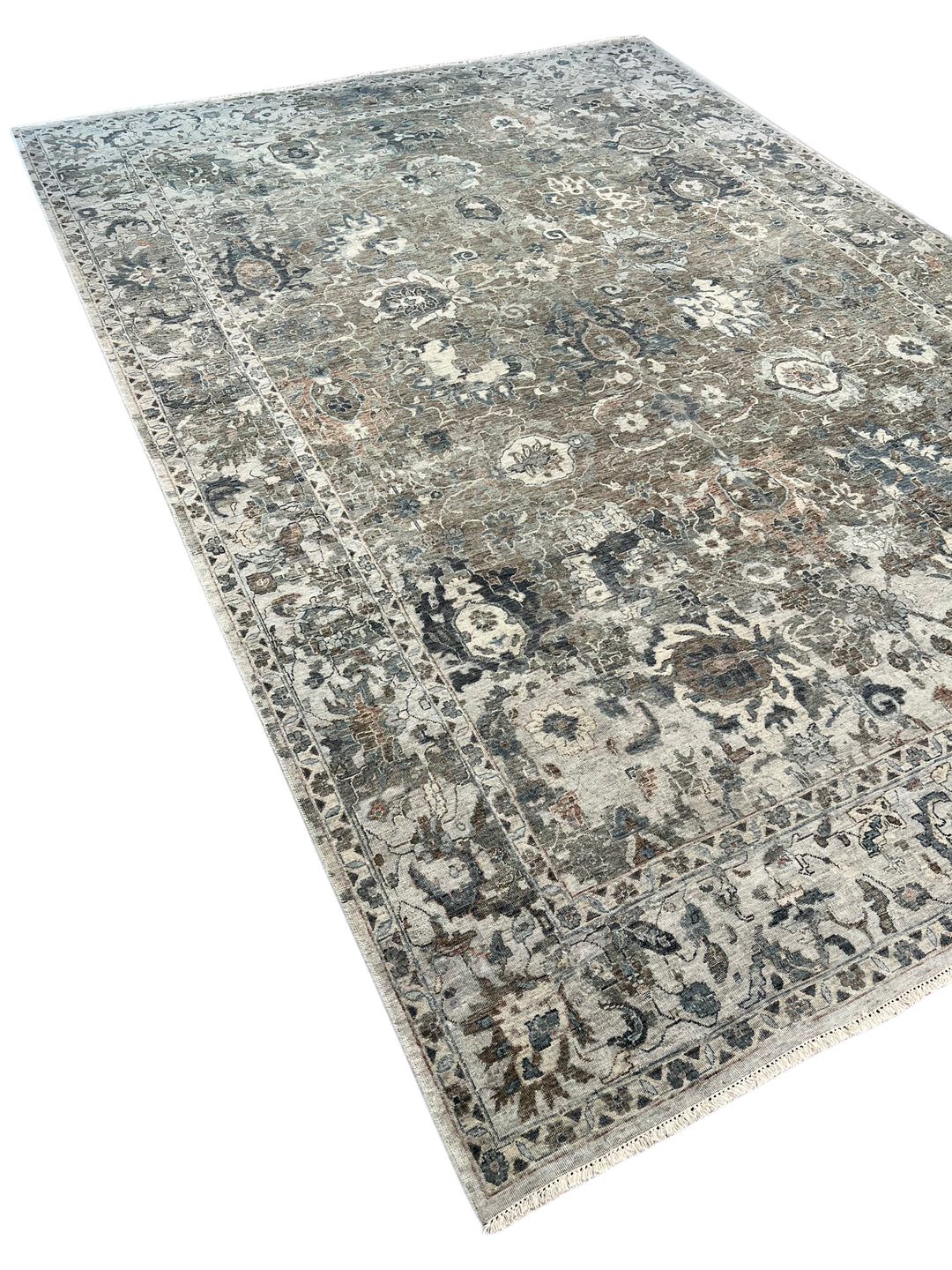 Taupe &amp; Blue Gray Antique-Inspired Floral Low Pile Rug – 9’3” x 13’3”