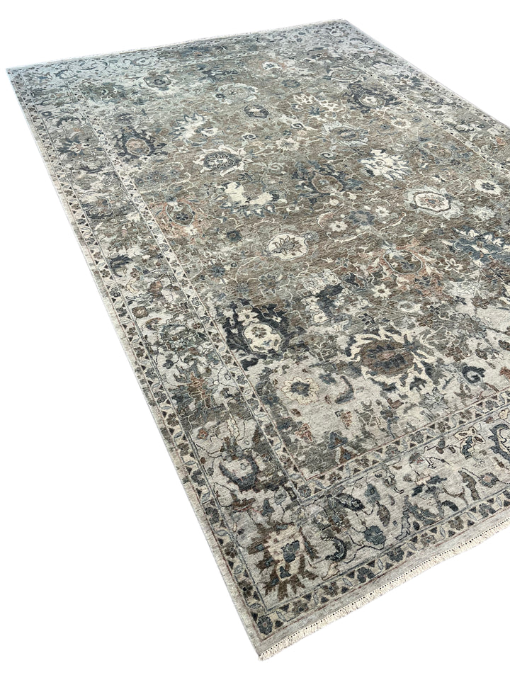Taupe &amp; Blue Gray Antique-Inspired Floral Low Pile Rug – 9’3” x 13’3”