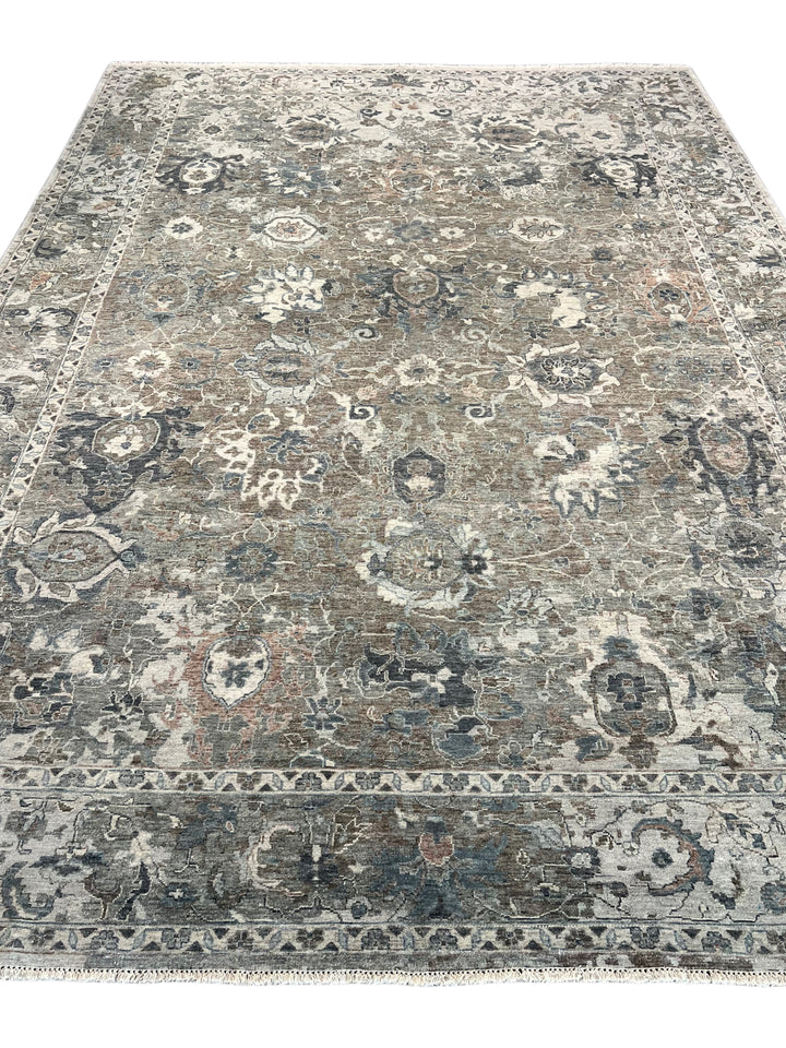 Taupe &amp; Blue Gray Antique-Inspired Floral Low Pile Rug – 9’3” x 13’3”
