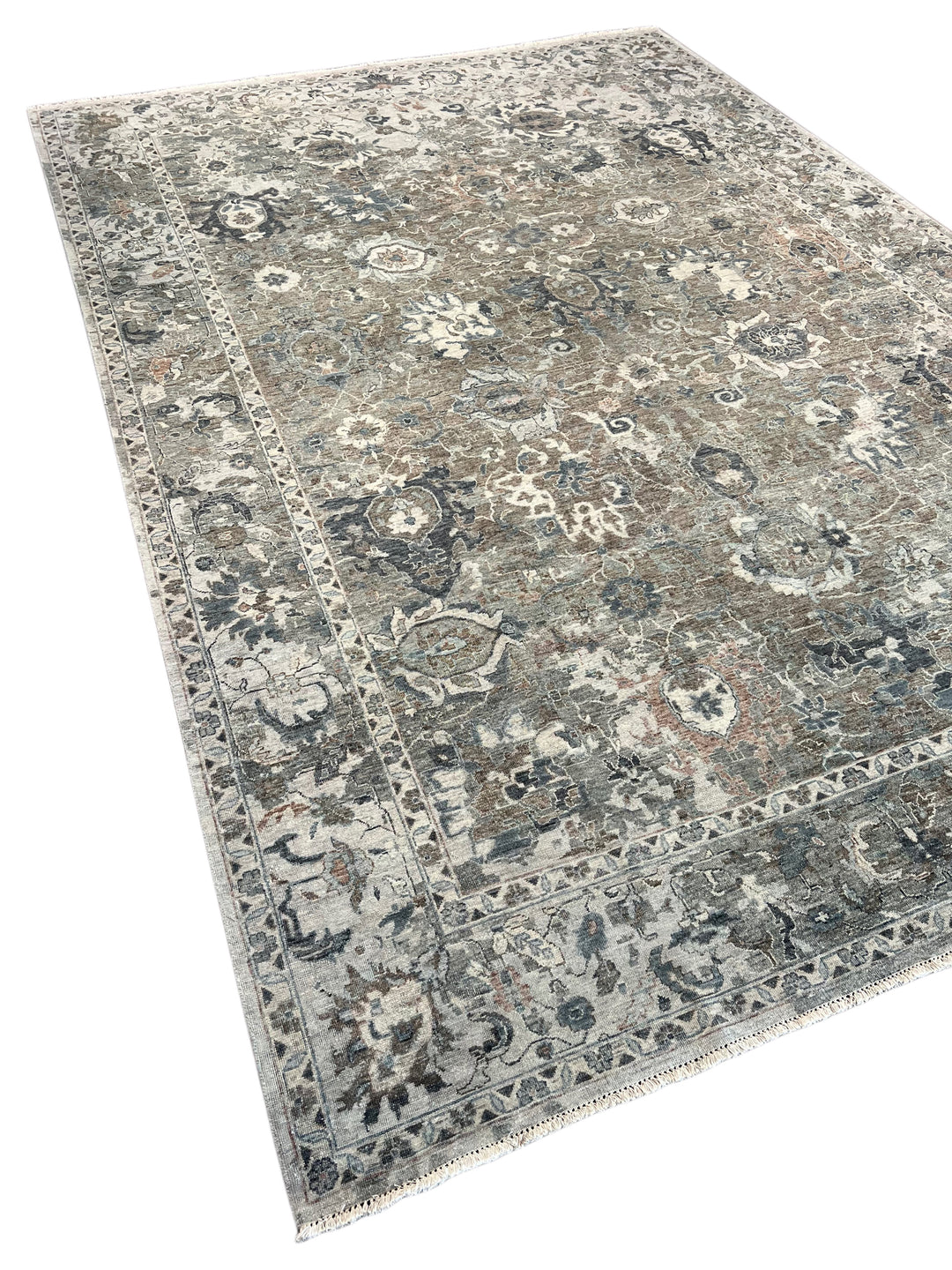 Taupe &amp; Blue Gray Antique-Inspired Floral Low Pile Rug – 9’3” x 13’3”