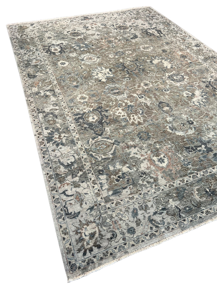 Taupe &amp; Blue Gray Antique-Inspired Floral Low Pile Rug – 9’3” x 13’3”