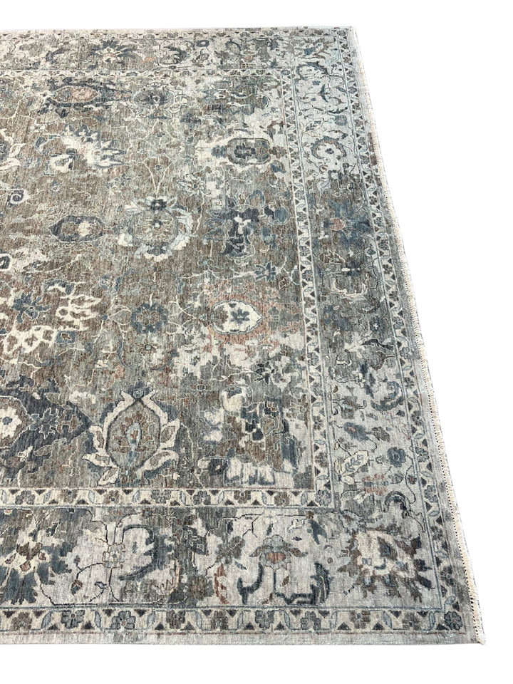 Taupe &amp; Blue Gray Antique-Inspired Floral Low Pile Rug – 9’3” x 13’3”