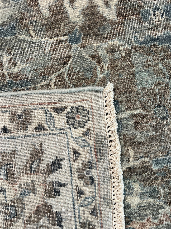 Taupe &amp; Blue Gray Antique-Inspired Floral Low Pile Rug – 9’3” x 13’3”