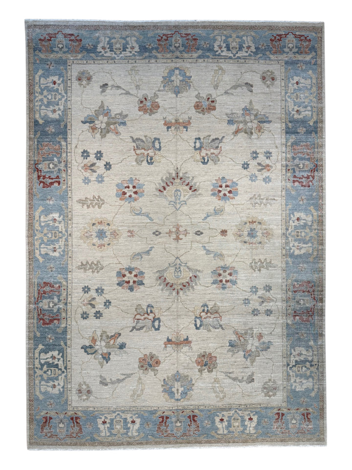 Ivory, Dusty Blue &amp; Rust Antique-Inspired Low Pile Rug – 9’11” x 14’1”