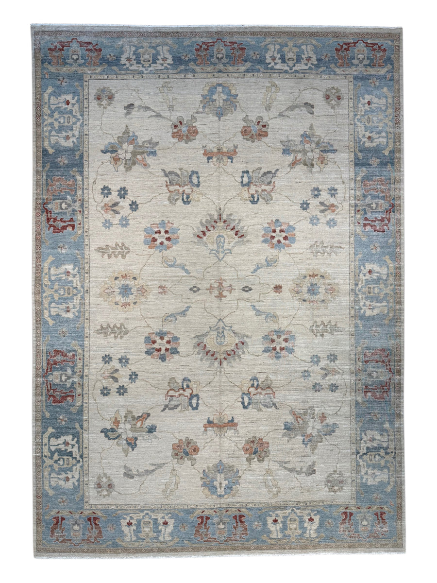 Ivory, Dusty Blue & Rust Antique-Inspired Low Pile Rug – 9’11” x 14’1”