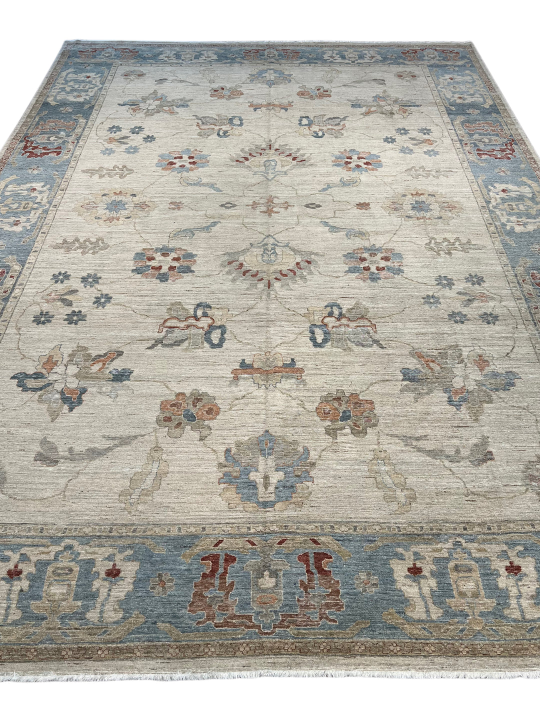 Ivory, Dusty Blue &amp; Rust Antique-Inspired Low Pile Rug – 9’11” x 14’1”