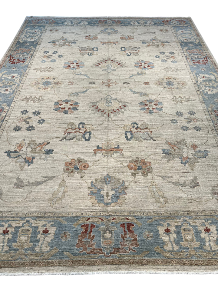 Ivory, Dusty Blue &amp; Rust Antique-Inspired Low Pile Rug – 9’11” x 14’1”