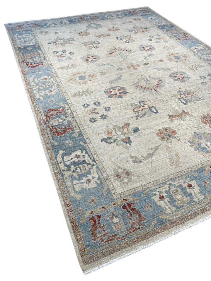 Ivory, Dusty Blue &amp; Rust Antique-Inspired Low Pile Rug – 9’11” x 14’1”