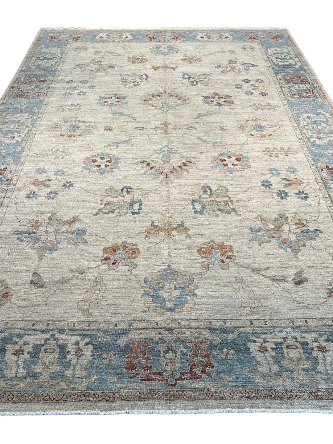 Ivory, Dusty Blue &amp; Rust Antique-Inspired Low Pile Rug – 9’11” x 14’1”