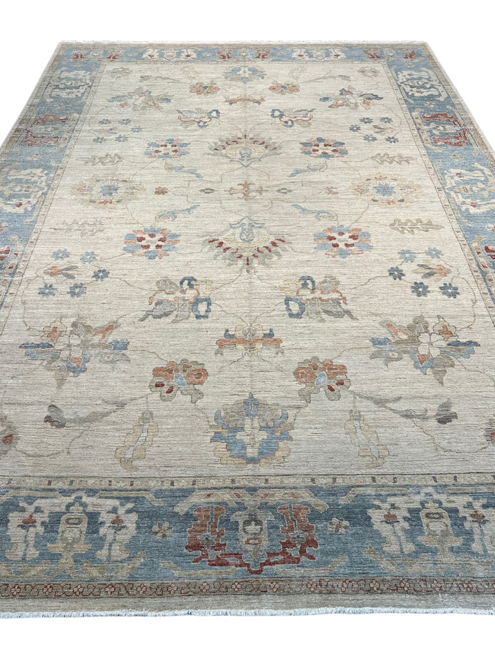 Ivory, Dusty Blue &amp; Rust Antique-Inspired Low Pile Rug – 9’11” x 14’1”