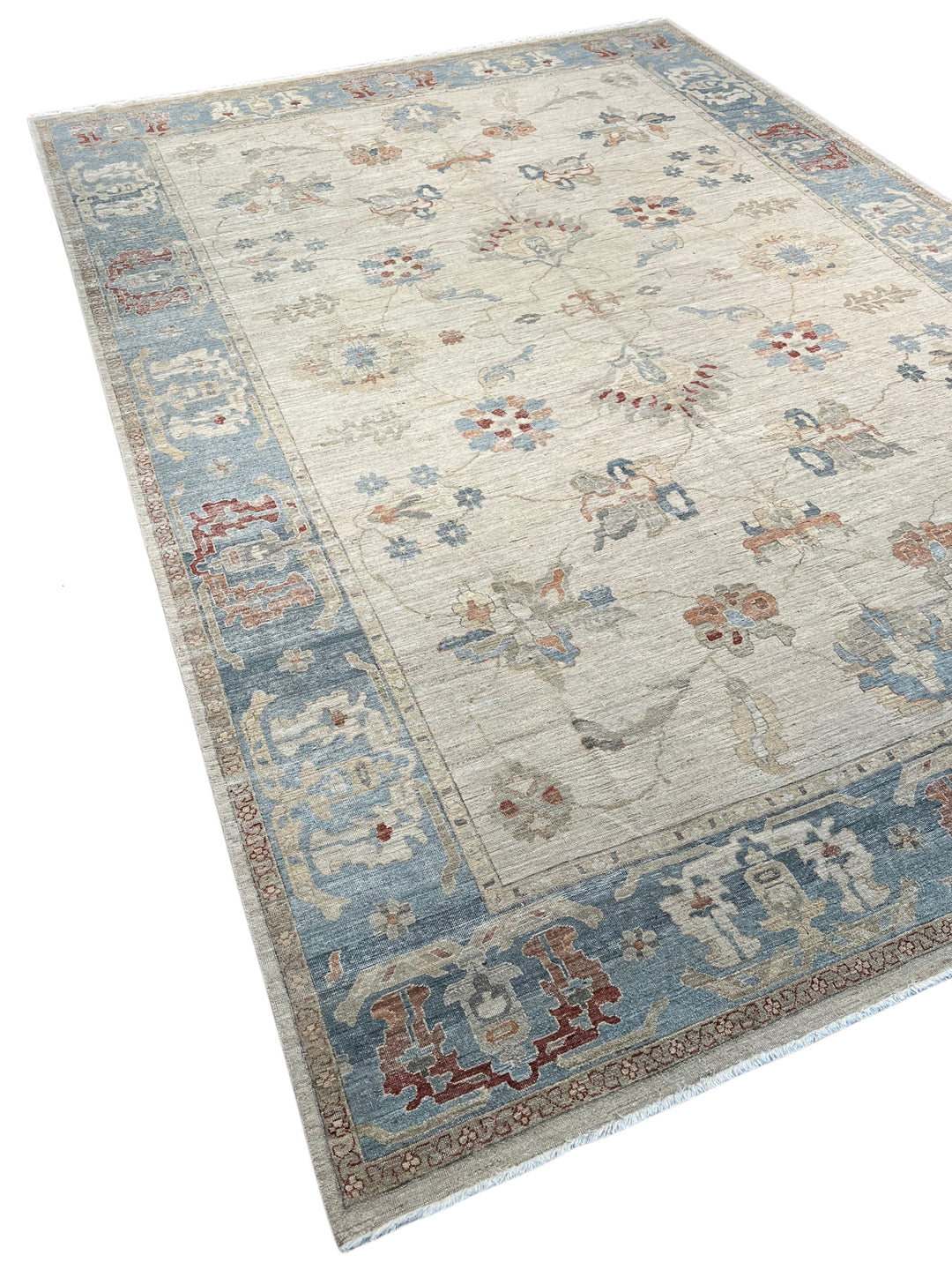 Ivory, Dusty Blue &amp; Rust Antique-Inspired Low Pile Rug – 9’11” x 14’1”