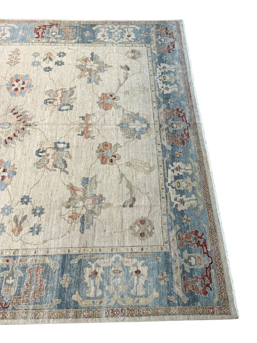 Ivory, Dusty Blue &amp; Rust Antique-Inspired Low Pile Rug – 9’11” x 14’1”