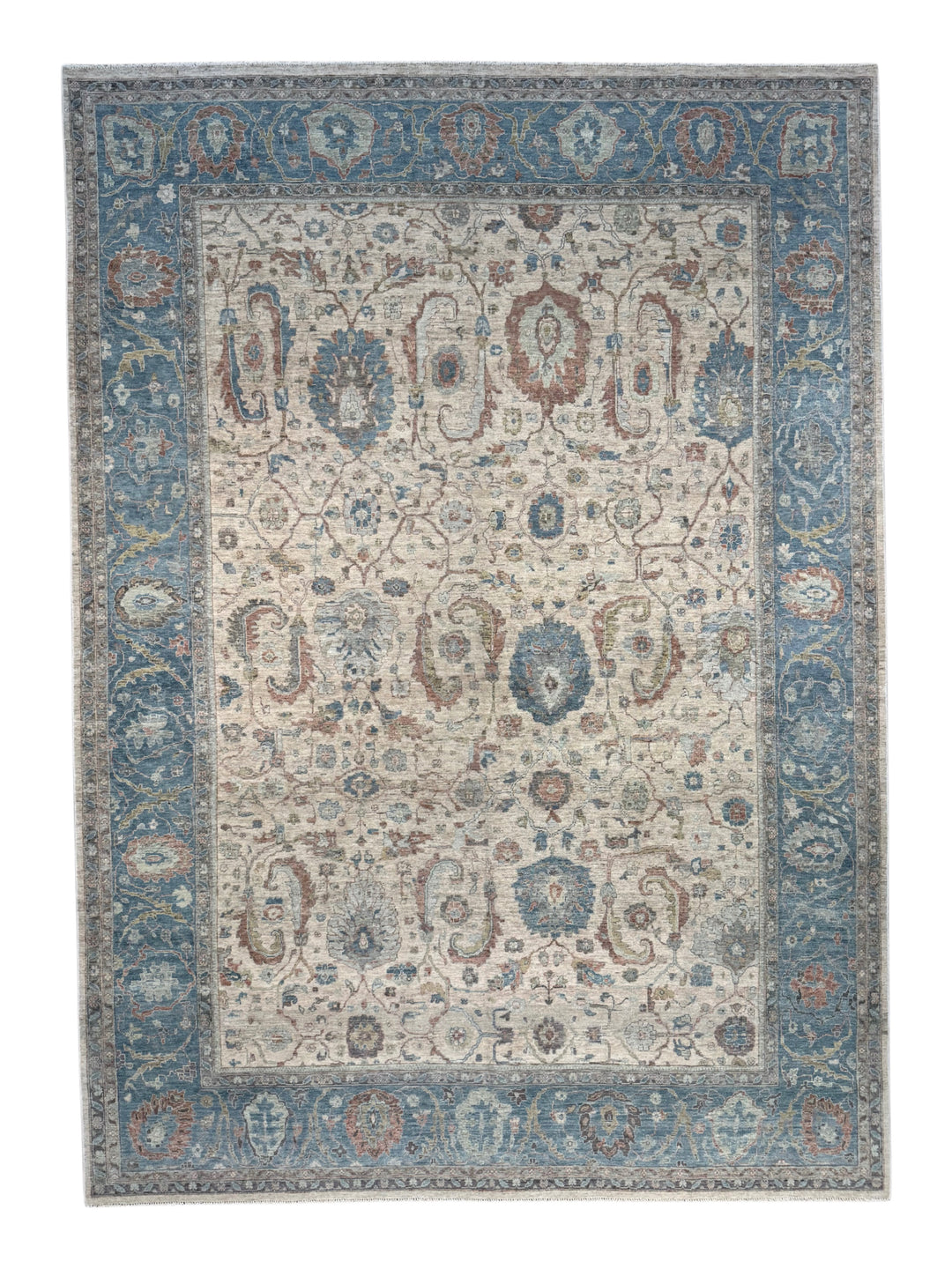Ivory, Dusty Blue &amp; Rust Antique-Inspired Low Pile Rug – 9’9” x 13’9”