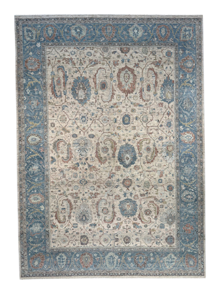 Ivory, Dusty Blue &amp; Rust Antique-Inspired Low Pile Rug – 9’9” x 13’9”