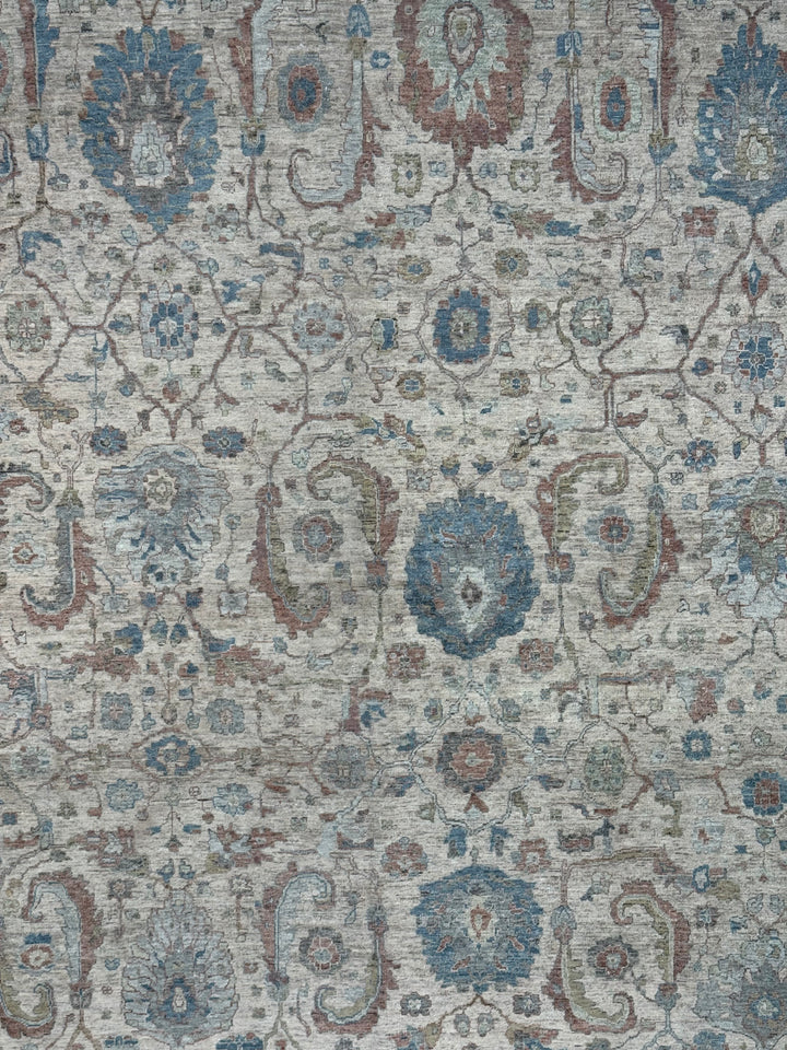 Ivory, Dusty Blue &amp; Rust Antique-Inspired Low Pile Rug – 9’9” x 13’9”