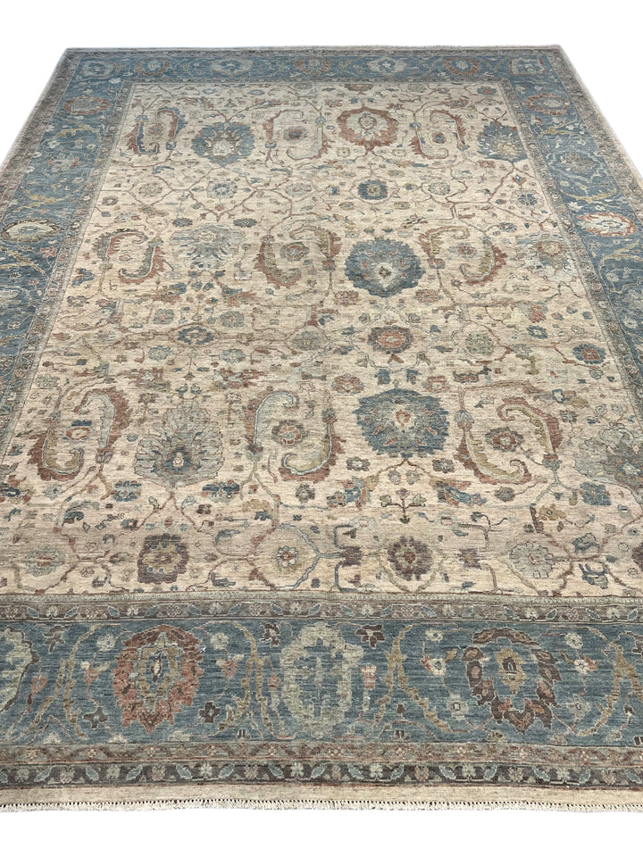 Ivory, Dusty Blue &amp; Rust Antique-Inspired Low Pile Rug – 9’9” x 13’9”