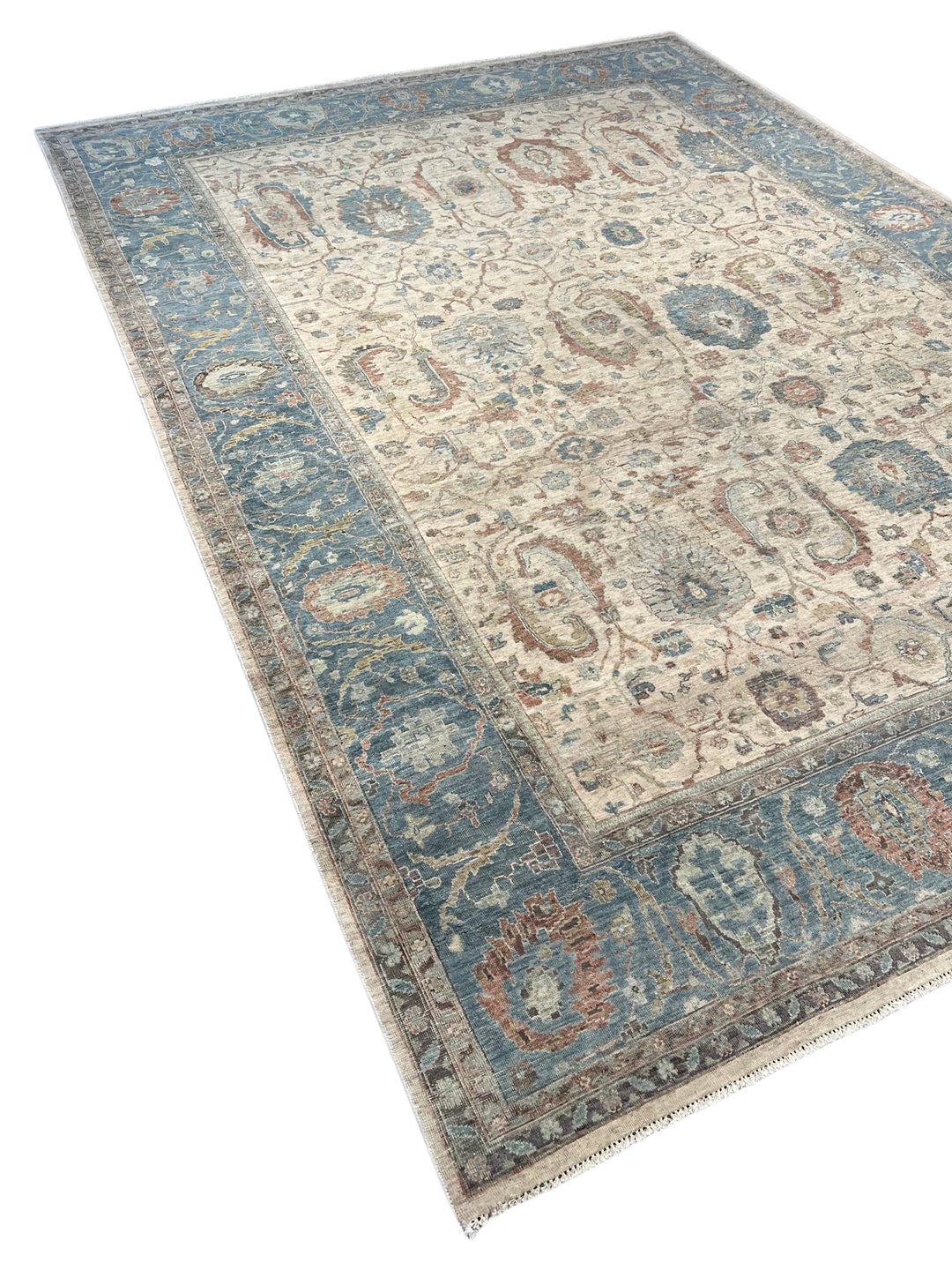 Ivory, Dusty Blue &amp; Rust Antique-Inspired Low Pile Rug – 9’9” x 13’9”