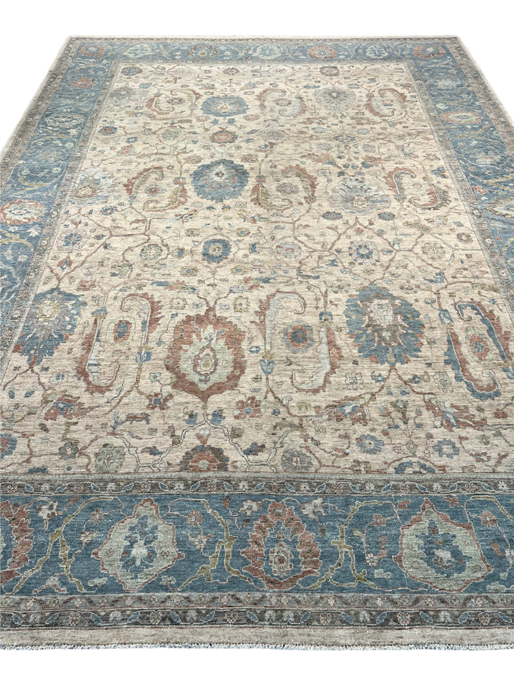 Ivory, Dusty Blue &amp; Rust Antique-Inspired Low Pile Rug – 9’9” x 13’9”