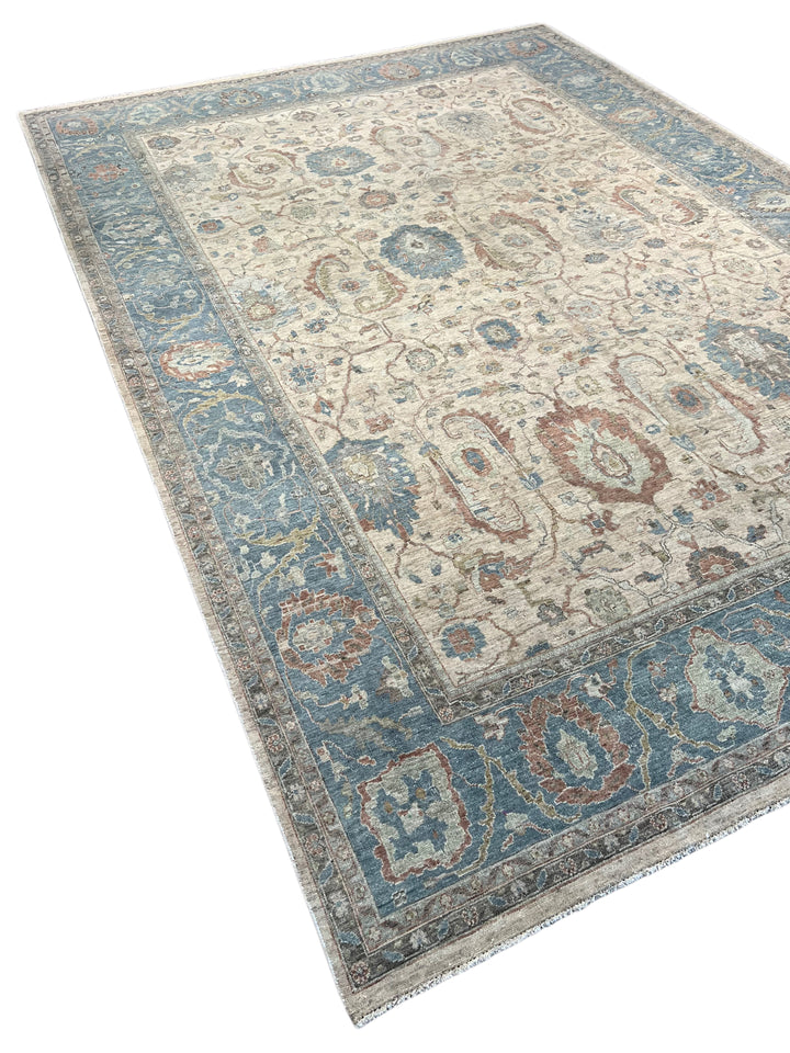 Ivory, Dusty Blue &amp; Rust Antique-Inspired Low Pile Rug – 9’9” x 13’9”