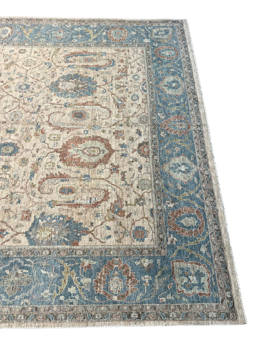 Ivory, Dusty Blue &amp; Rust Antique-Inspired Low Pile Rug – 9’9” x 13’9”
