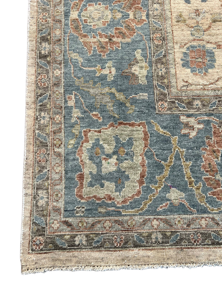 Ivory, Dusty Blue &amp; Rust Antique-Inspired Low Pile Rug – 9’9” x 13’9”