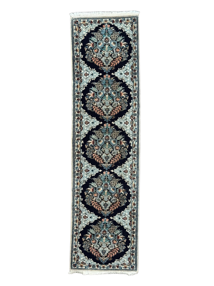 Navy Blue &amp; Ivory Persian Nain Runner Rug – Circa 1970 – 1’8” x 6’2”