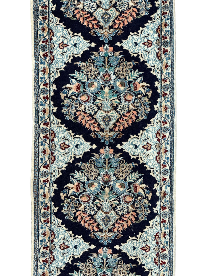 Navy Blue &amp; Ivory Persian Nain Runner Rug – Circa 1970 – 1’8” x 6’2”