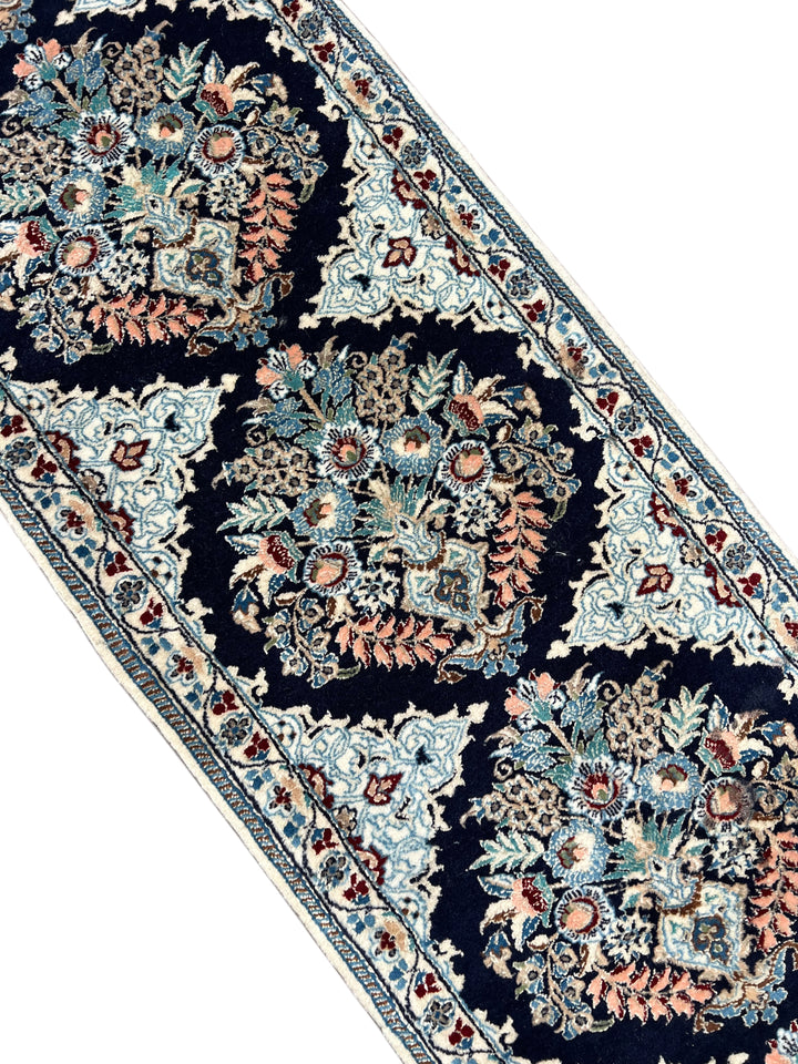 Navy Blue &amp; Ivory Persian Nain Runner Rug – Circa 1970 – 1’8” x 6’2”