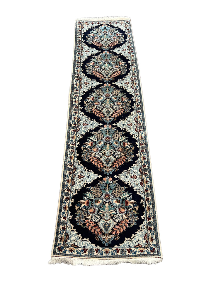 Navy Blue &amp; Ivory Persian Nain Runner Rug – Circa 1970 – 1’8” x 6’2”