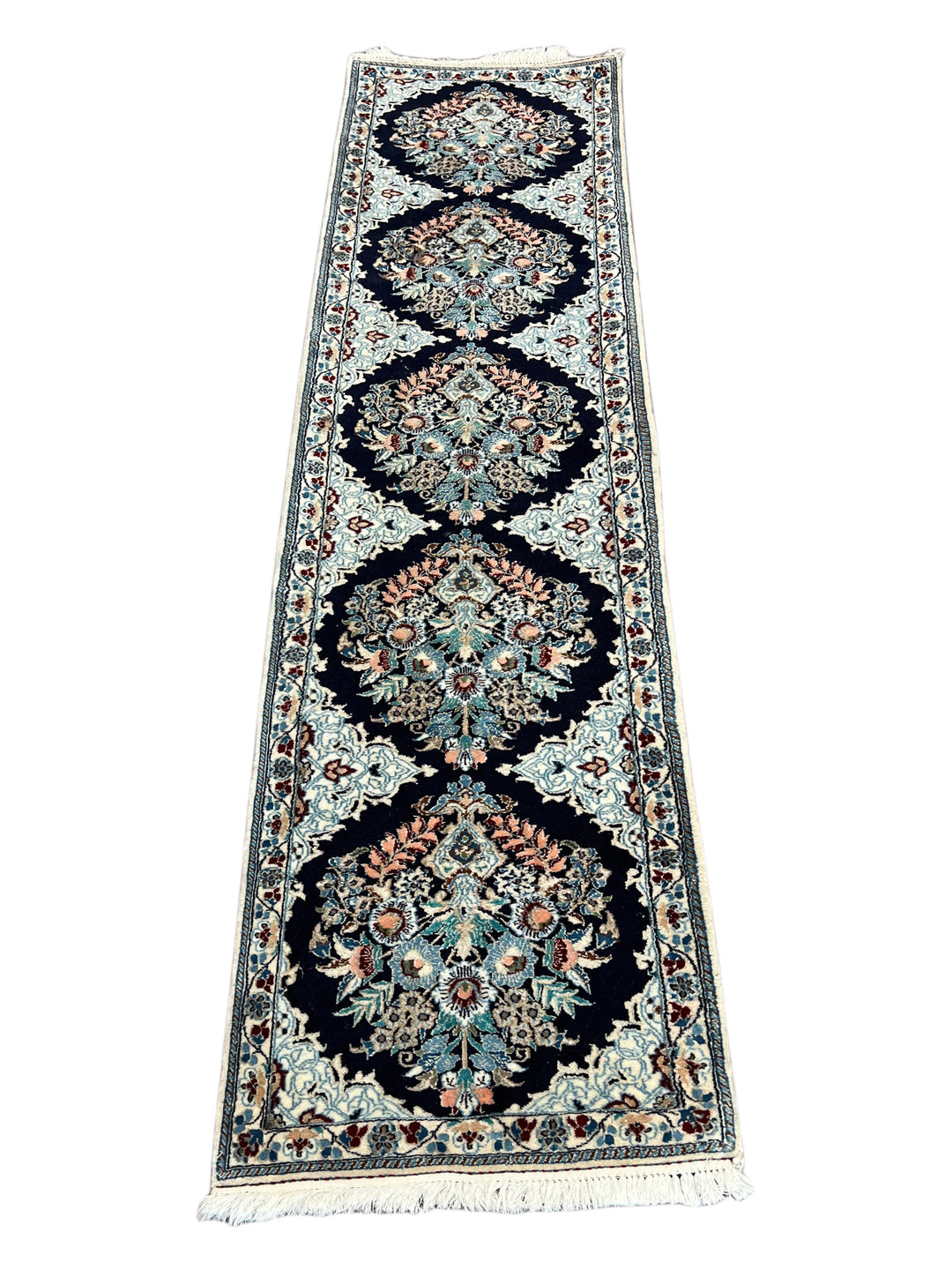 Navy Blue &amp; Ivory Persian Nain Runner Rug – Circa 1970 – 1’8” x 6’2”