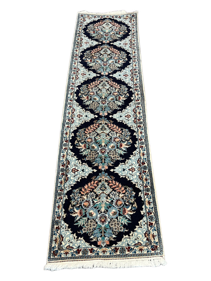 Navy Blue &amp; Ivory Persian Nain Runner Rug – Circa 1970 – 1’8” x 6’2”