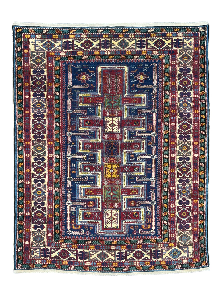 Navy, Red &amp; Ivory Vintage Armenian Kazak Rug – Circa 1940 – 5’7” x 6’5”